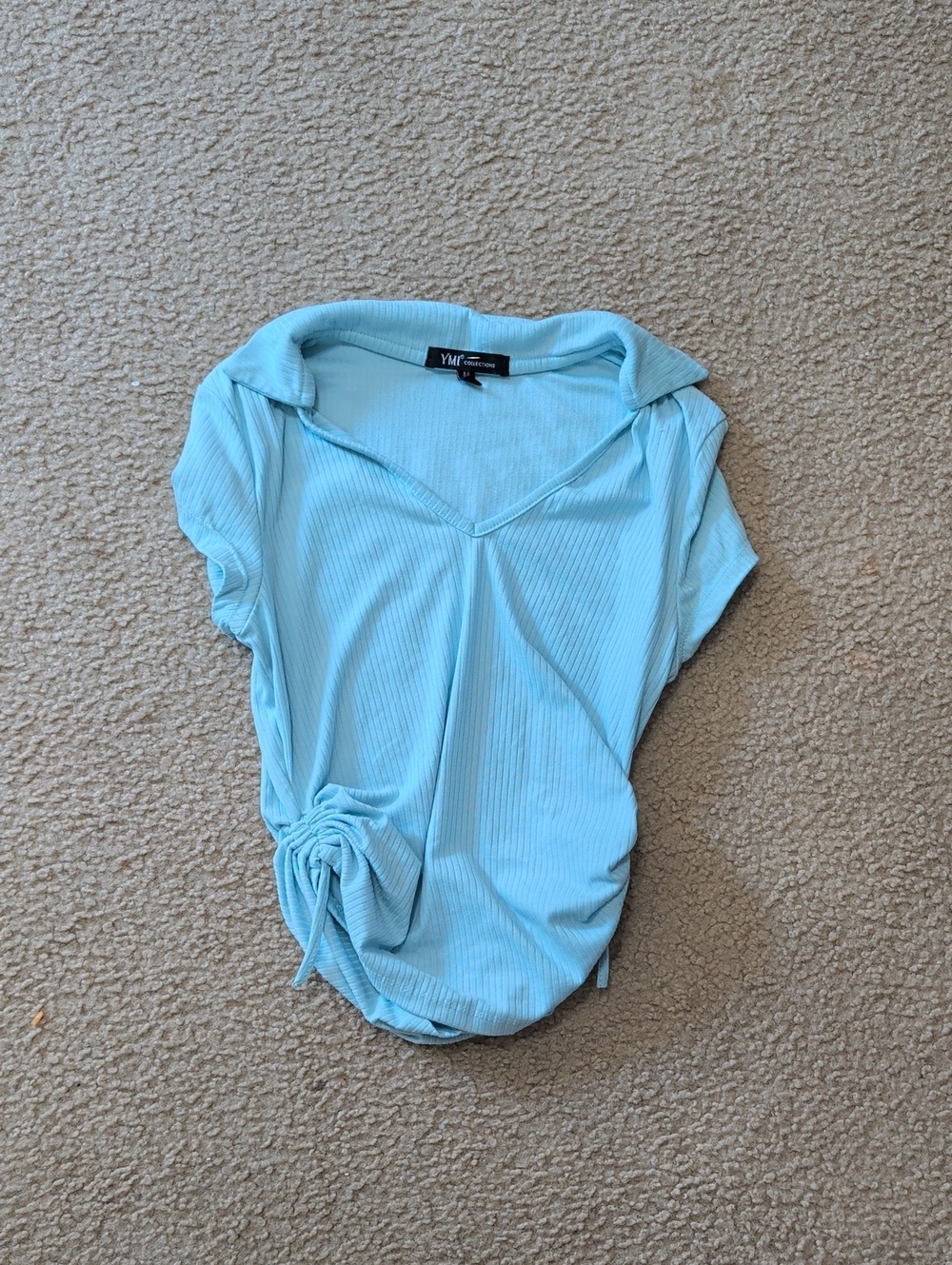 YMI Light Blue Ribbed V-Neck Short Sleeve Top with Side Knot